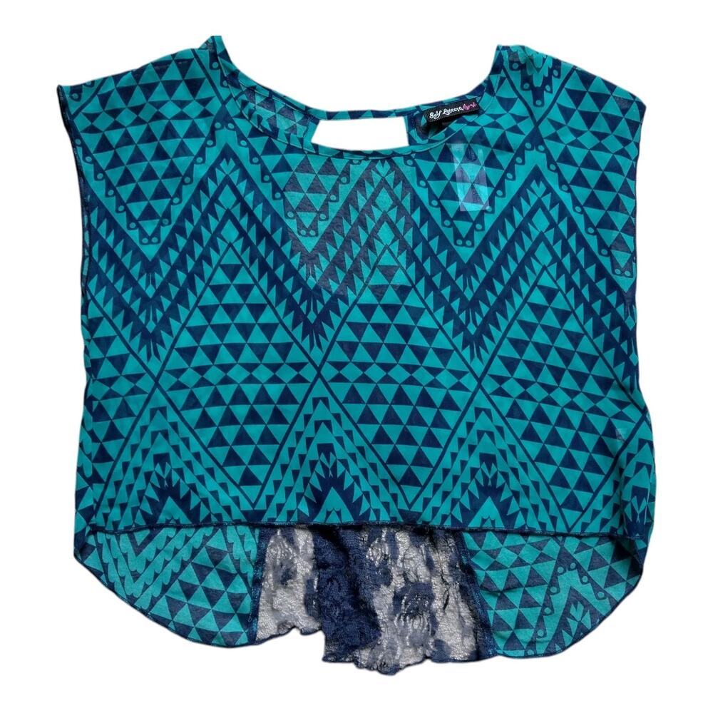 NWT Women's Sheer Crop Top, Blue/Green, Small, Aztec, Tribal Pattern, Lace Back